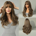 Long Wavy Brown Synthetic Cosplay Wig with Bangs - Heat Resistant Hair