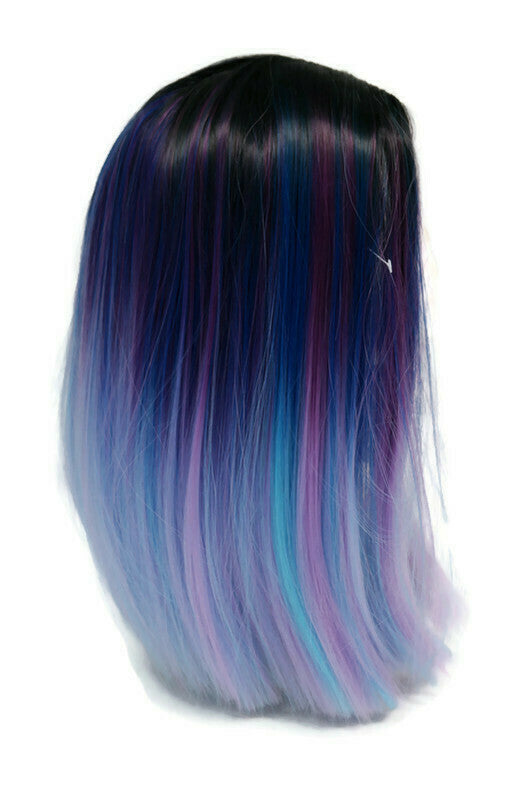 14-Inch Black and Blue Cotton Candy Wig with Cotton Candy Ends