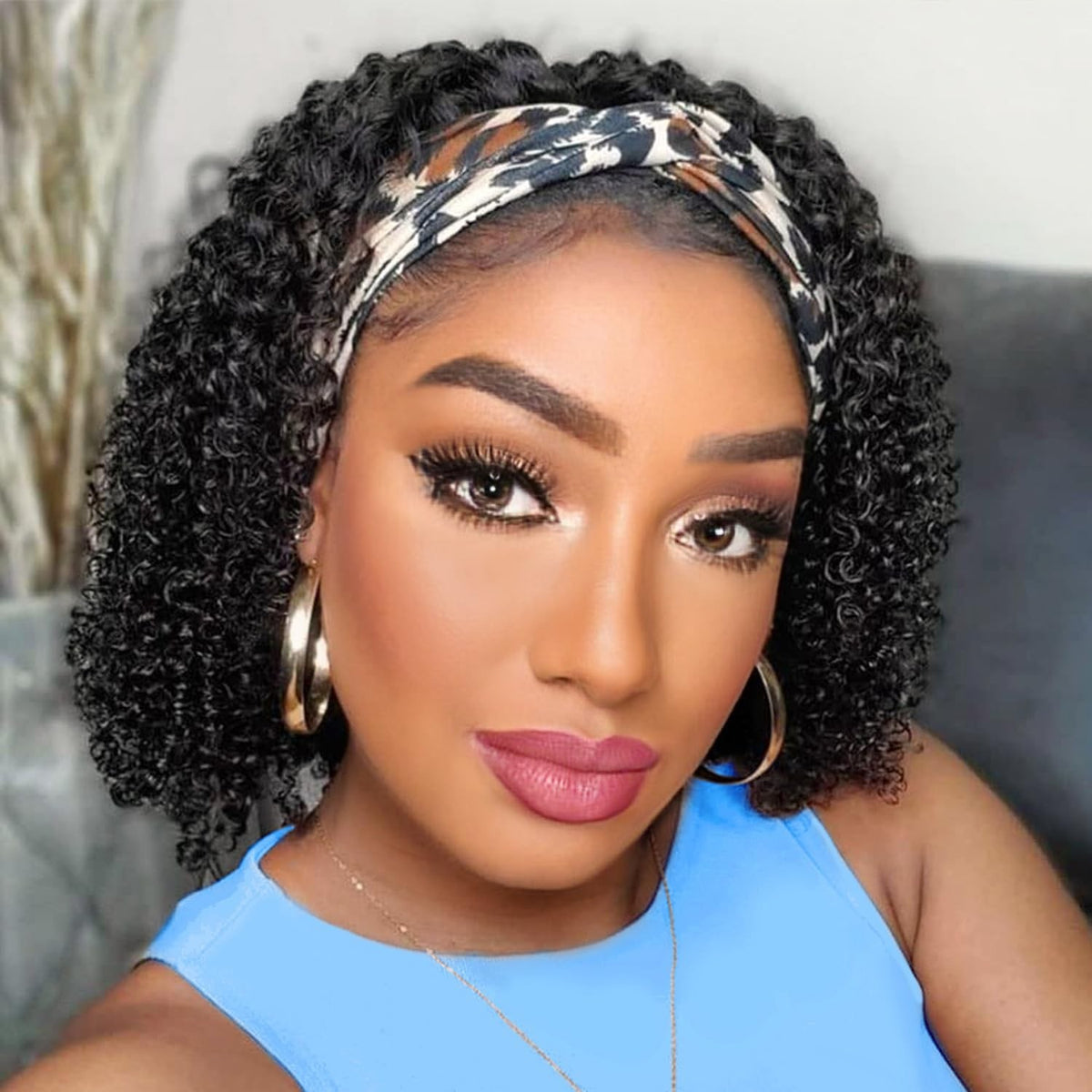 10 Inch Curly Human Hair Wig for Black Women - Natural Black, Easy Install Headband Style