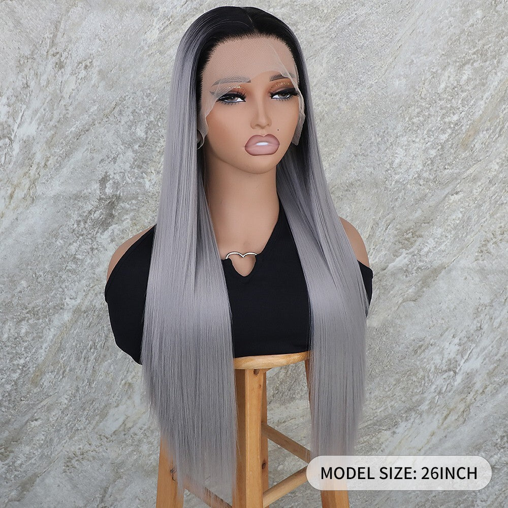 Gray Ombre Lace Front Wig - Synthetic Heat Safe Long Straight Pre Plucked 13x4