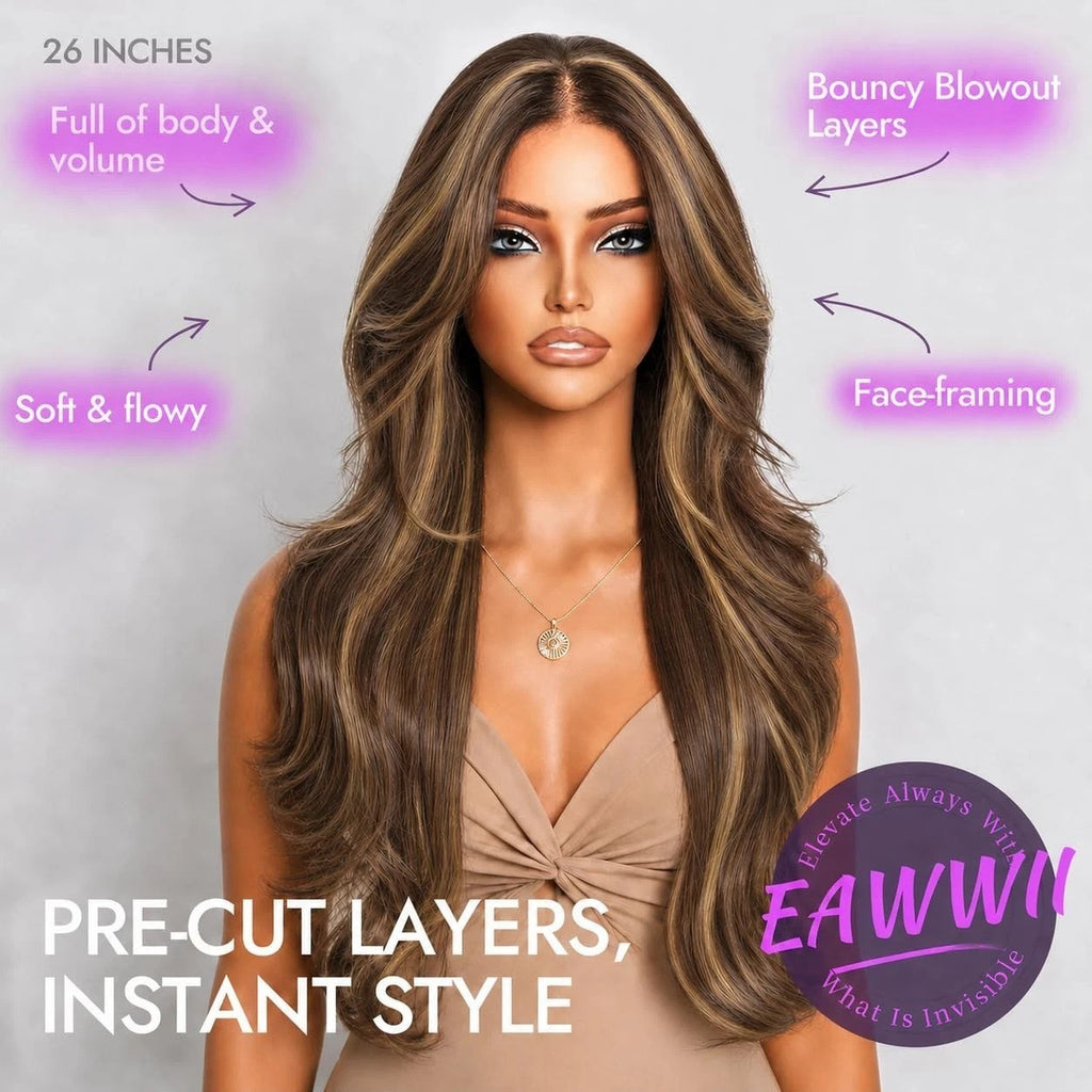 Long Human Hair Wigs with 13x4 HD Lace Front and Brown Highlights - Glueless Style