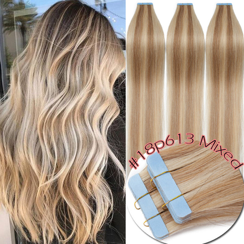 150g Thick Tape-In Human Hair Extensions Full Head Skin Weft Long Highlights