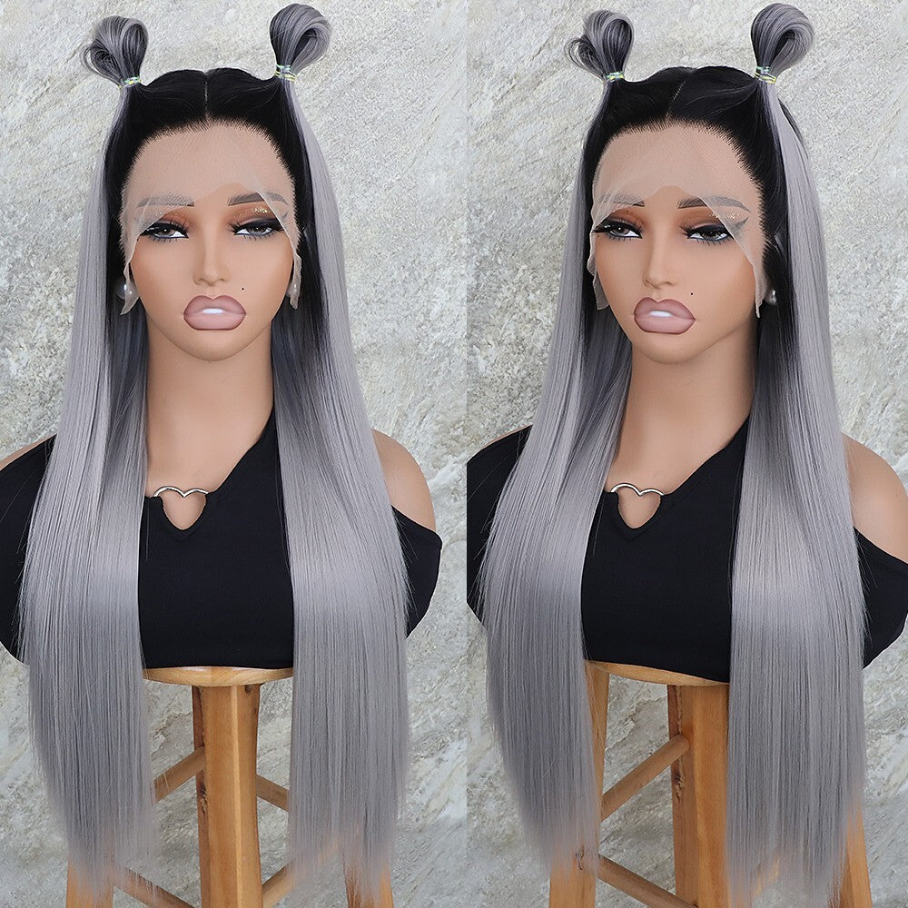 Gray Ombre Lace Front Wig - Synthetic Heat Safe Long Straight Pre Plucked 13x4