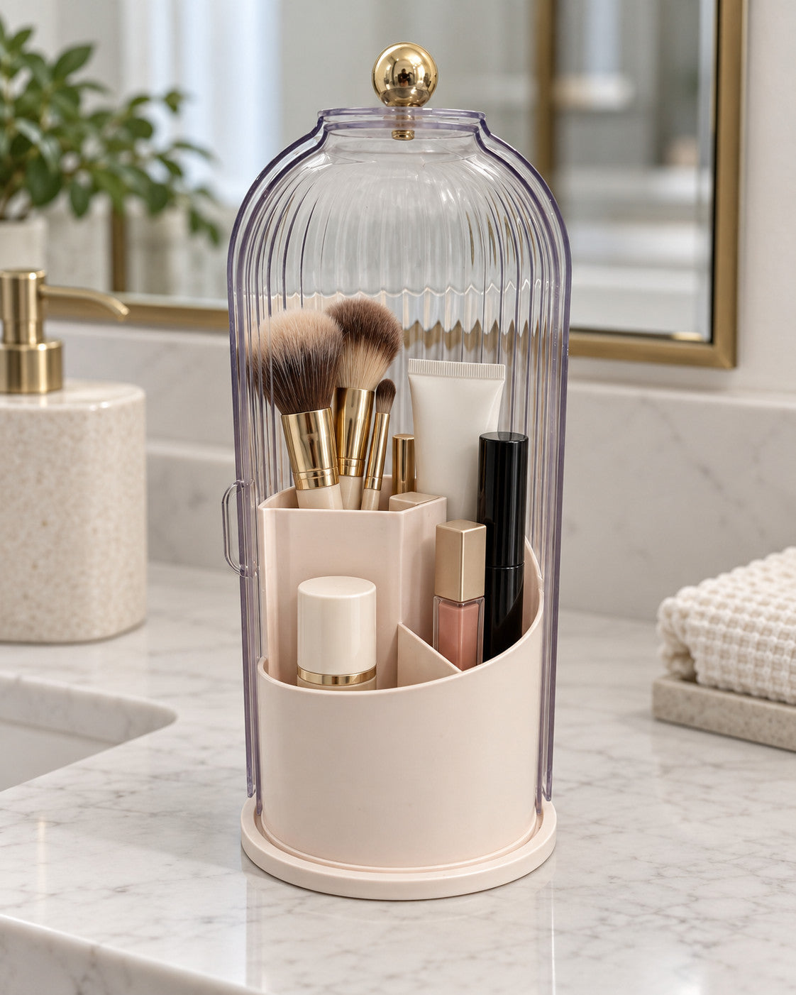 Rotating Makeup Brush Holder with Dustproof Lid - Clear Vanity Organizer