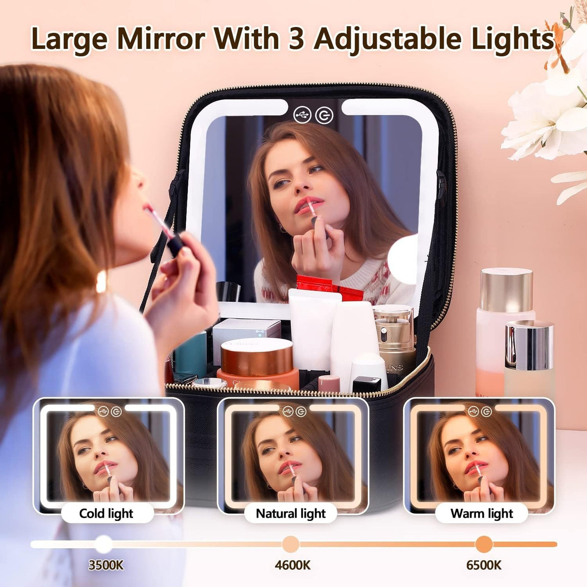 Travel Makeup Bag with LED Lighted Mirror and Adjustable Compartments