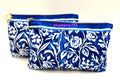 2 Pack Makeup Bags with Zipper - Blue & White Flower Print Cosmetic Storage