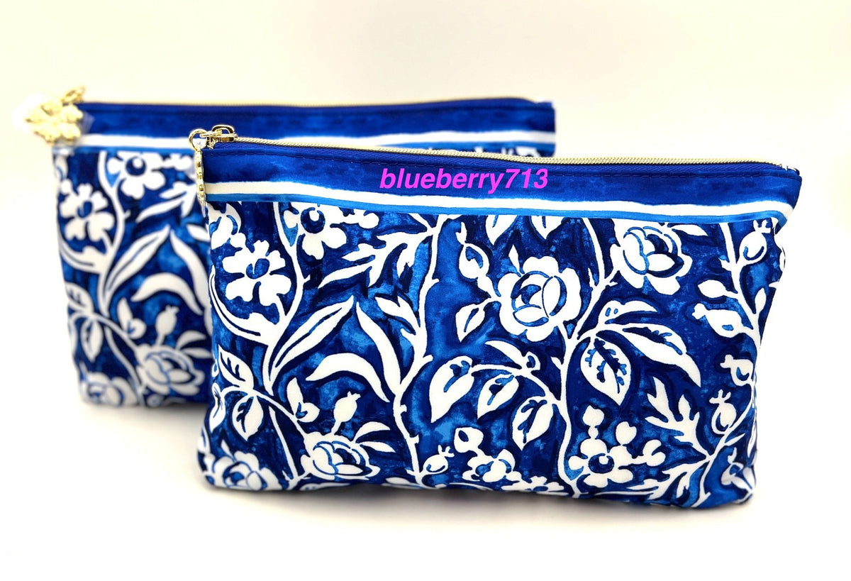 2 Pack Makeup Bags with Zipper - Blue & White Flower Print Cosmetic Storage