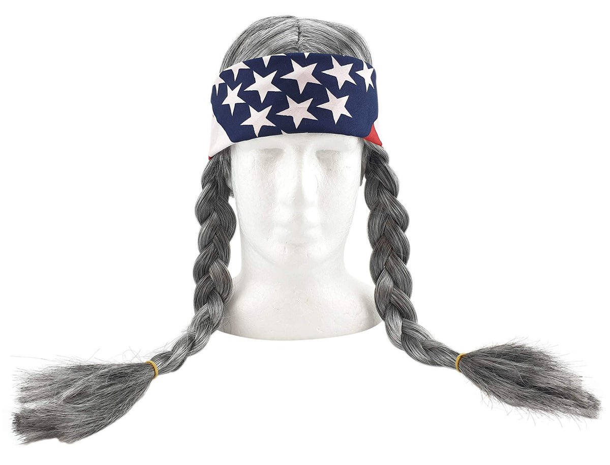 Adult Grey Hippie Cowboy Wig with Bandana - Costume Accessory