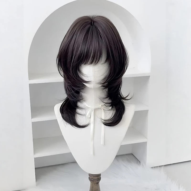 18 Inch Black Synthetic Wolf Cut Wig with Bangs for Daily & Party Looks