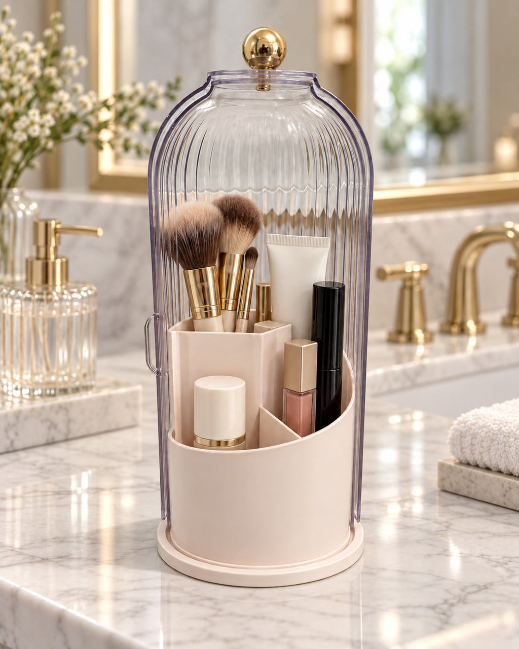 Rotating Makeup Brush Holder with Dustproof Lid - Clear Vanity Organizer