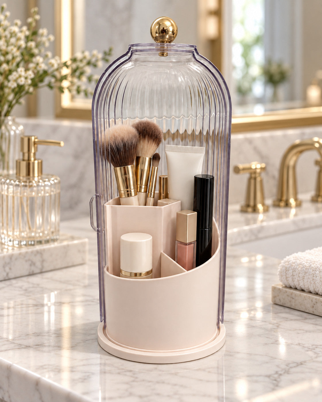 Rotating Makeup Brush Holder with Dustproof Lid - Clear Vanity Organizer