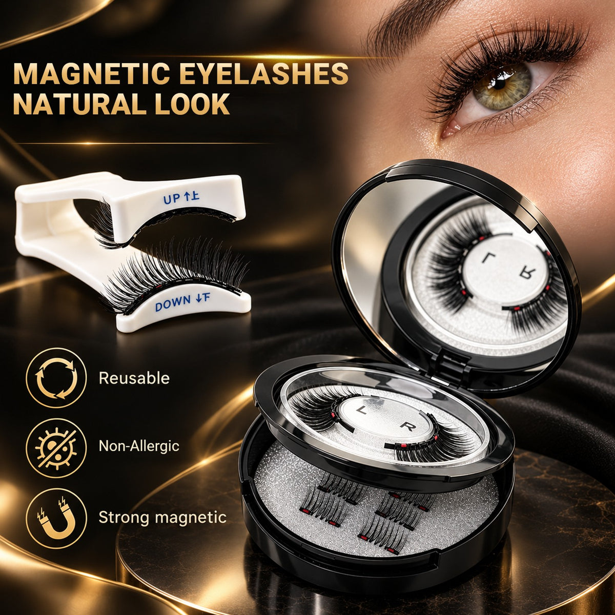 Reusable Magnetic Eyelashes with Applicator - Natural Style, No Glue Needed
