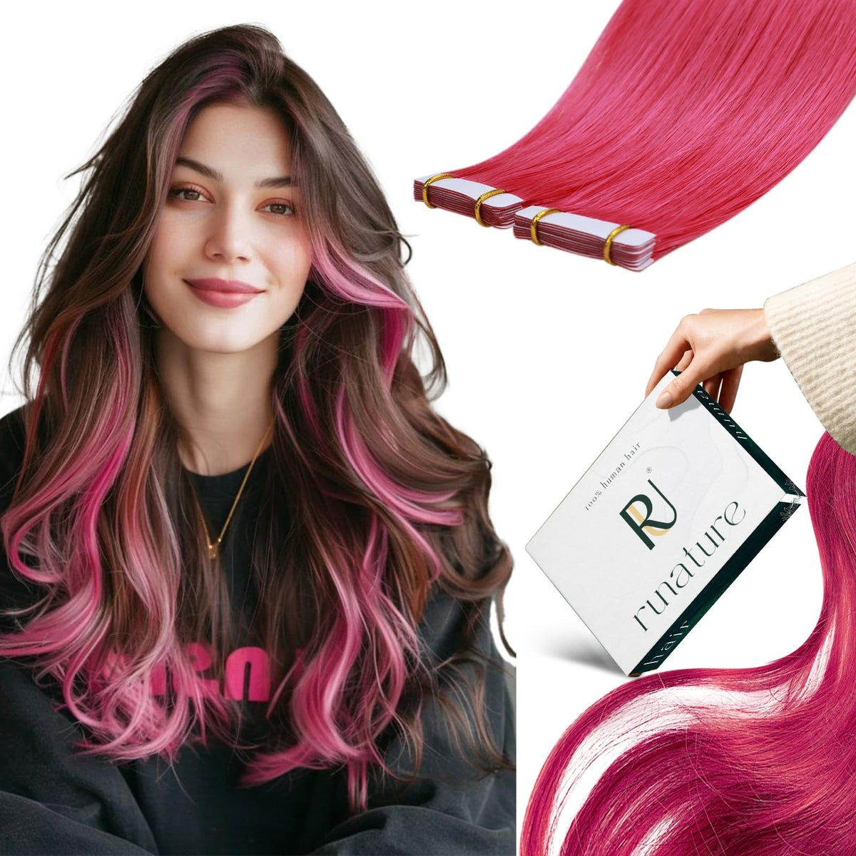 Pink Hair Extensions Tape-In Human Hair 20 Inch 10 Pieces - Vibrant Color