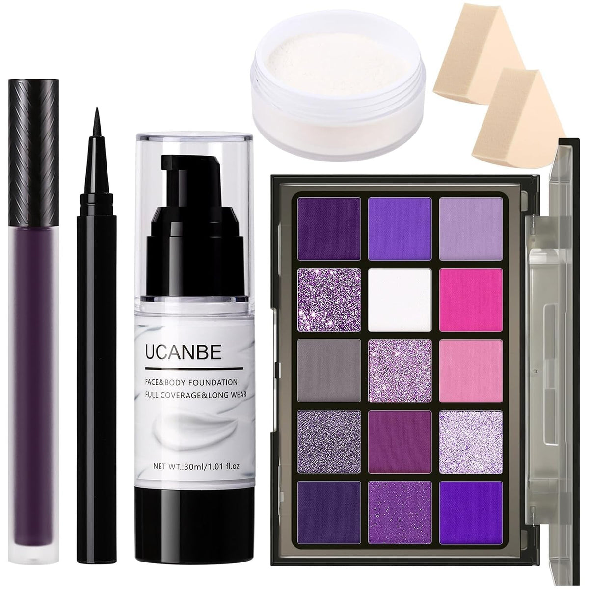 Ultrafine Purple Eyeshadow Palette with Foundation & Lipstick – Halloween Makeup Kit (15 Colors)