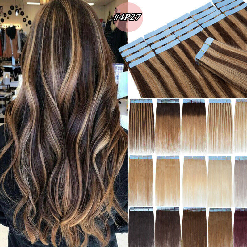 Invisible Tape Hair Extensions - Human Hair Tape-In Wefts, Reusable, Natural Remy Hair