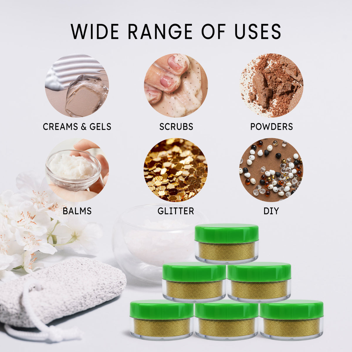 20pcs 10G Cosmetic Sample Jars with Green Lids - Clear Plastic Reusable Containers
