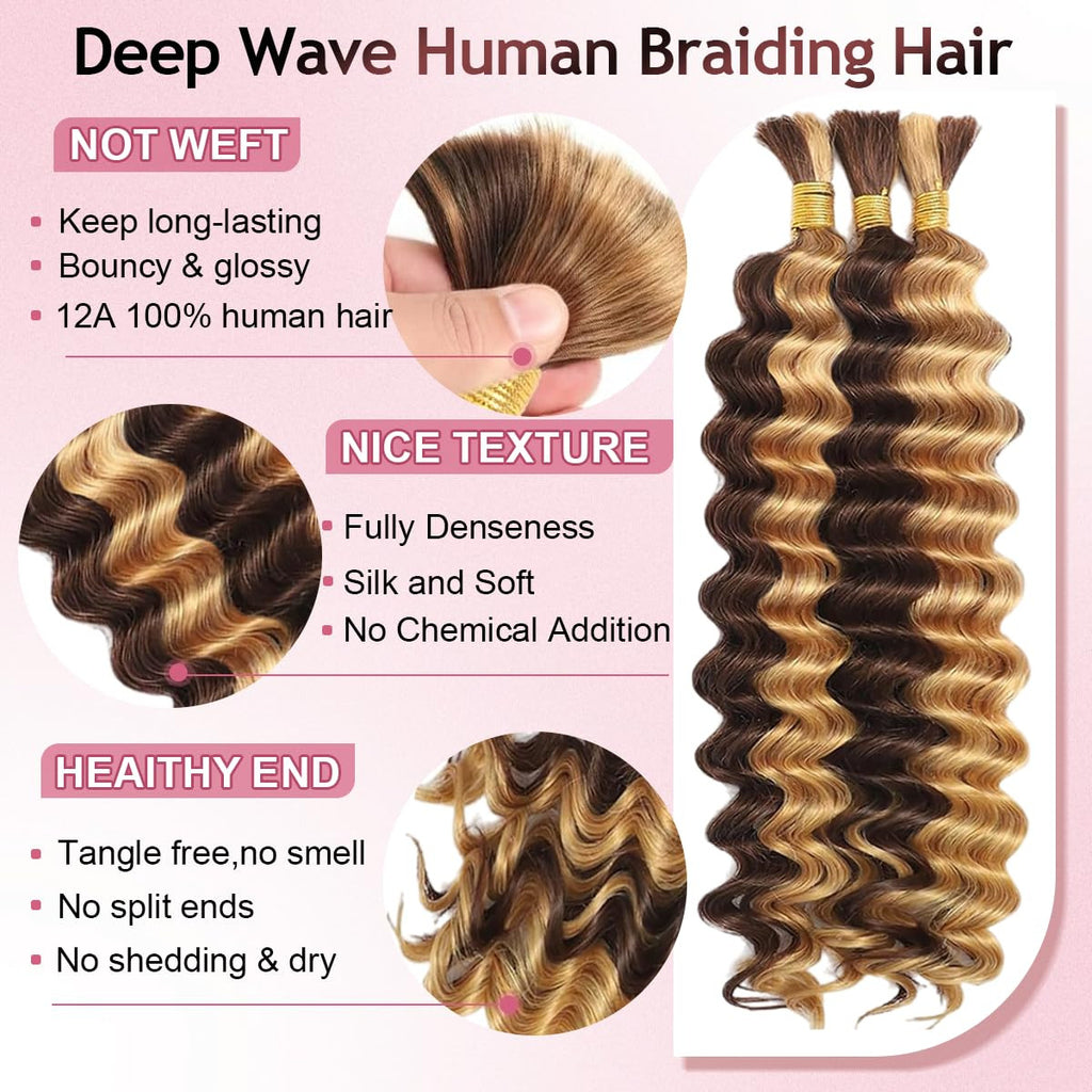 Human Braiding Hair for Boho Braids 20 Inch 120G Highlight Balayage Deep Wave