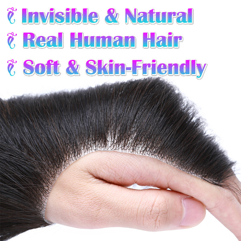 Mens Human Hair Toupee Hair Replacement System with PU Skin Base