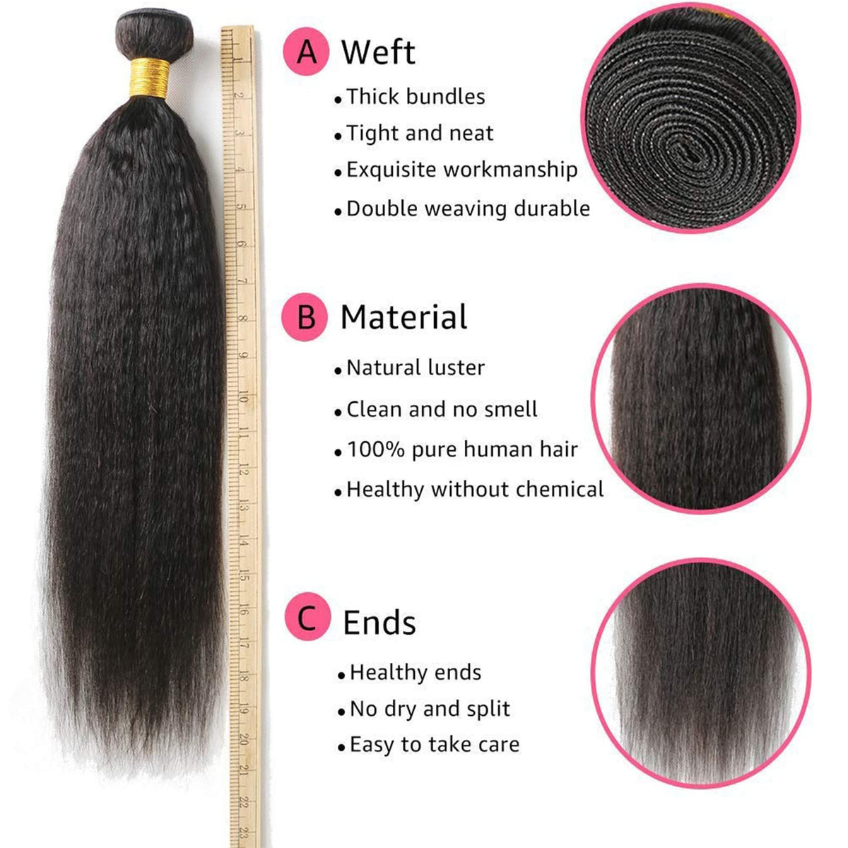 Brazilian Kinky Straight Human Hair Weave Bundles 18 Inch - Virgin Hair