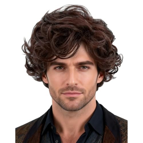 Men's Short Curly Wig Dark Brown Layered Cosplay Halloween Costume Accessory