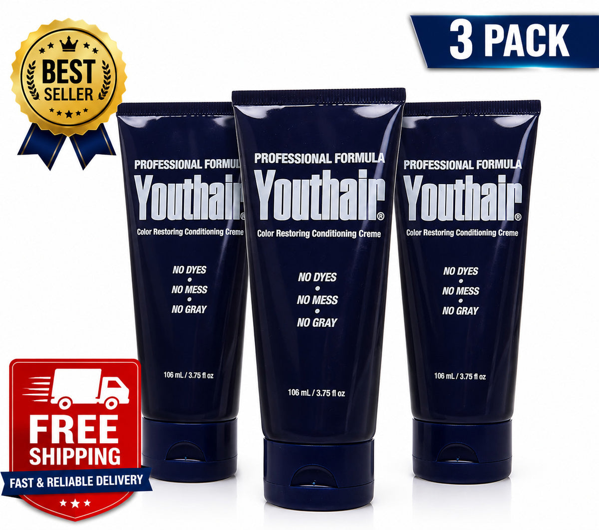 Youthair Lead-Free Hair Color Cream - Natural, Long-Lasting, No Dye or Peroxide - Pack of 3