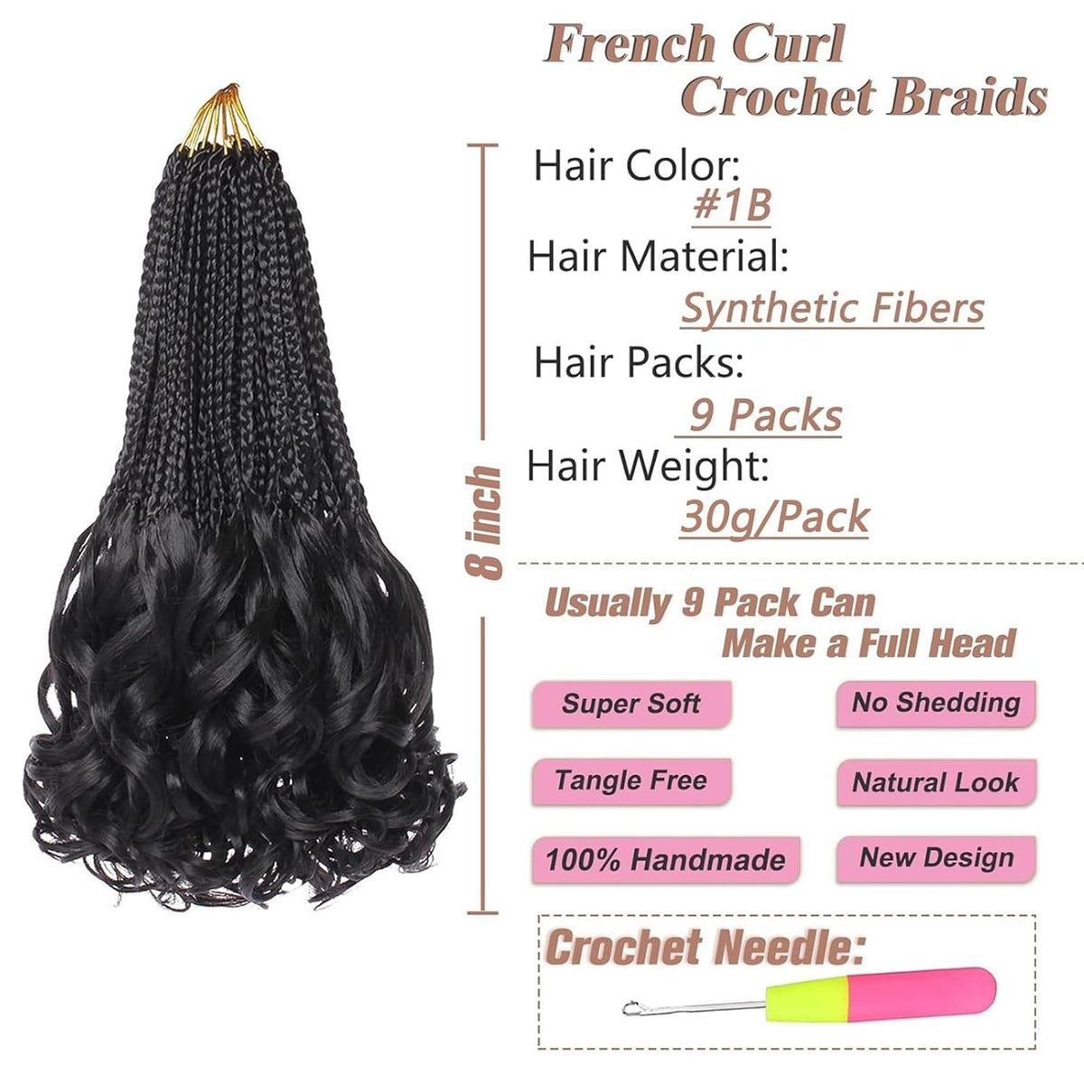 8 Inch Synthetic French Curl Crochet Braids - 9 Pack Hair Extensions for Women & Kids