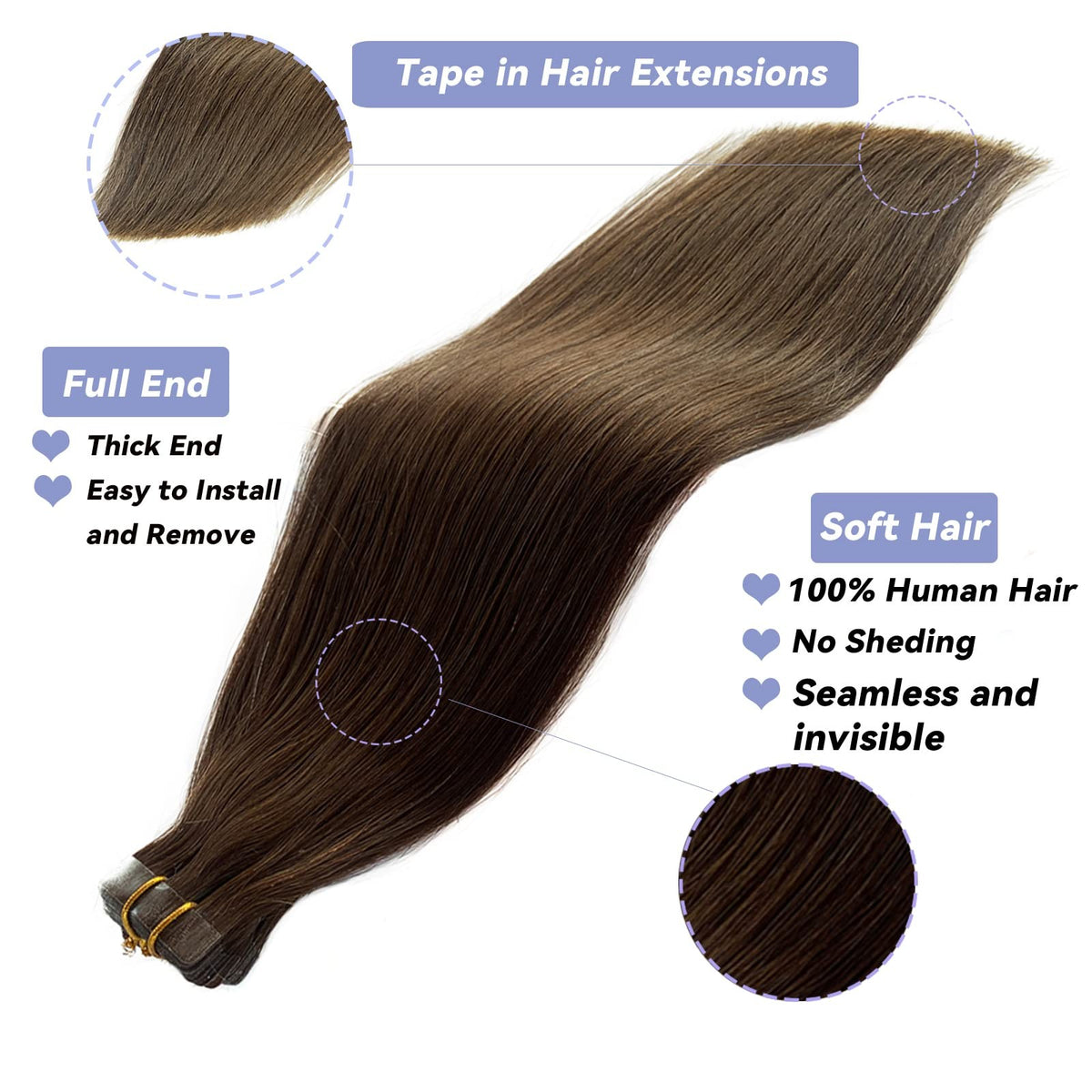 24-Inch Dark Brown Remy Tape-In Hair Extensions - 100% Human Hair, 70g