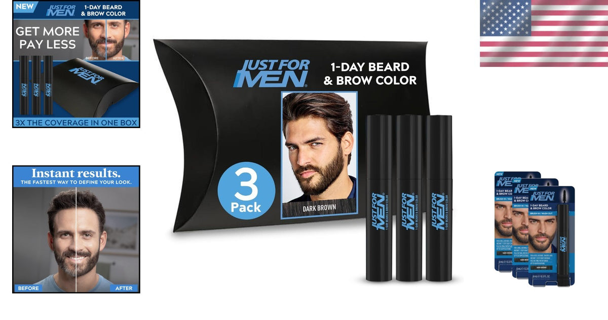 1-Day Beard & Brow Color Kit Dark Brown 3 Pack Instant Gray Coverage