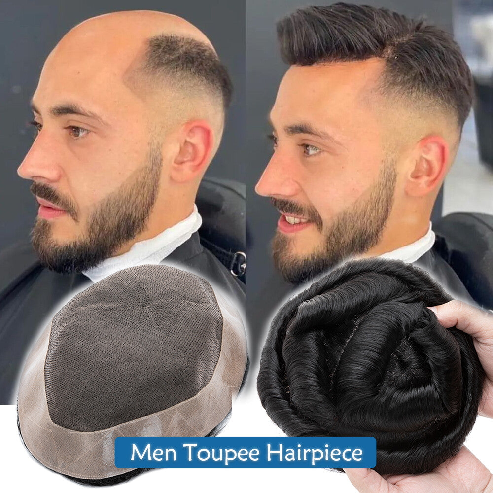 Men's Human Hair Toupee Full Skin Thin Skin PU System - Natural Look & Reusable