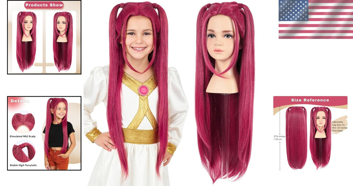 Kids Pink Long Wavy Wig with Ponytails for Halloween Cosplay