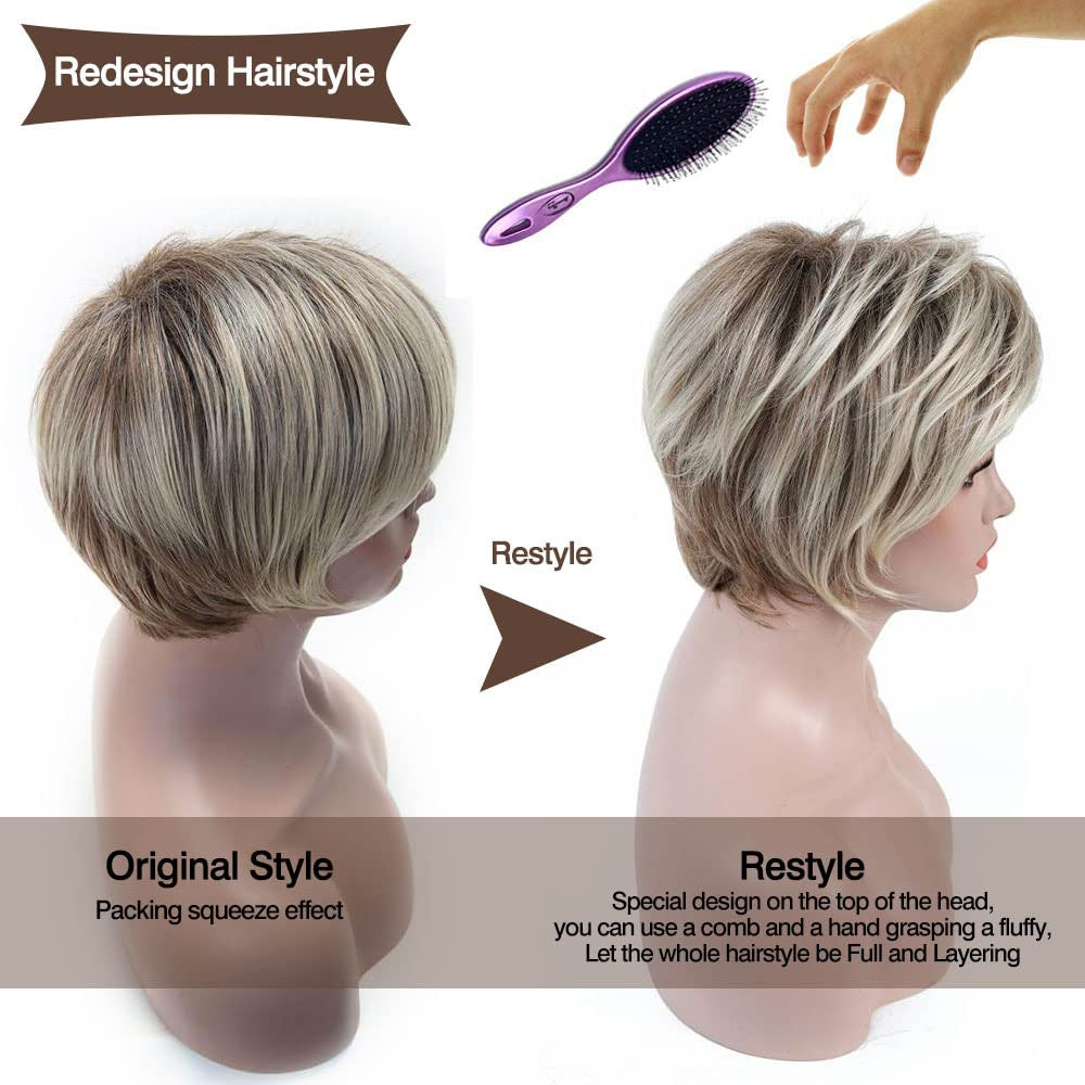 Short Blonde Brown Ombre Synthetic Wig - Curly, Adjustable Fit