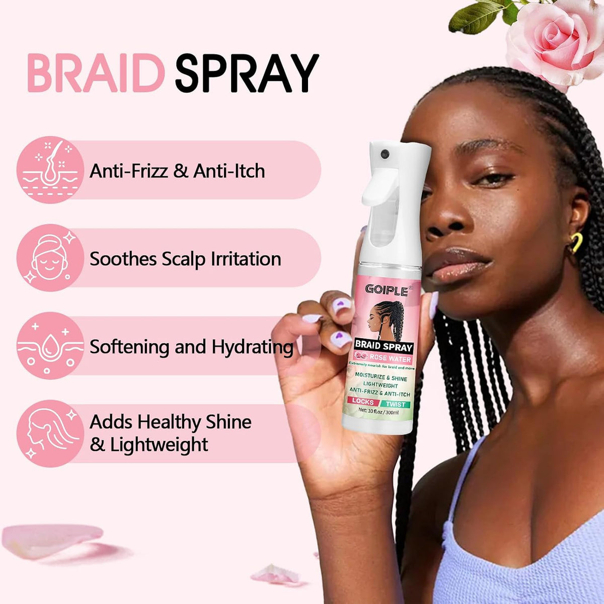 10 Fl Oz Rose Water Braid Spray for Dreads & Locs Hydrating Hair Mist