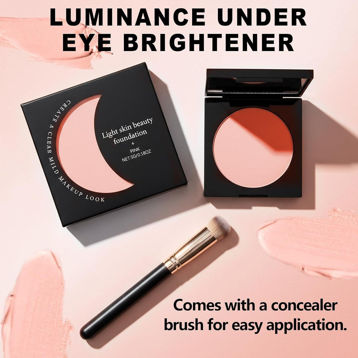 Under Eye Brightener Concealer with Brush - Hydrating Pink Brightening Cream
