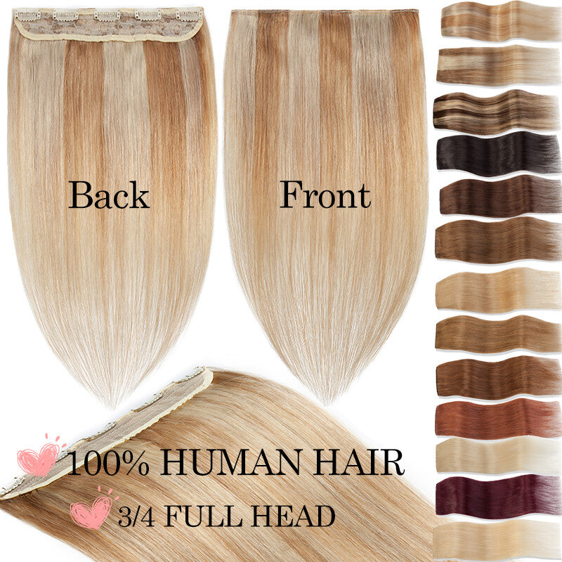 Clip-In Human Hair Extensions Full Head 3/4 Length Remy Hair, Multiple Colors & Lengths