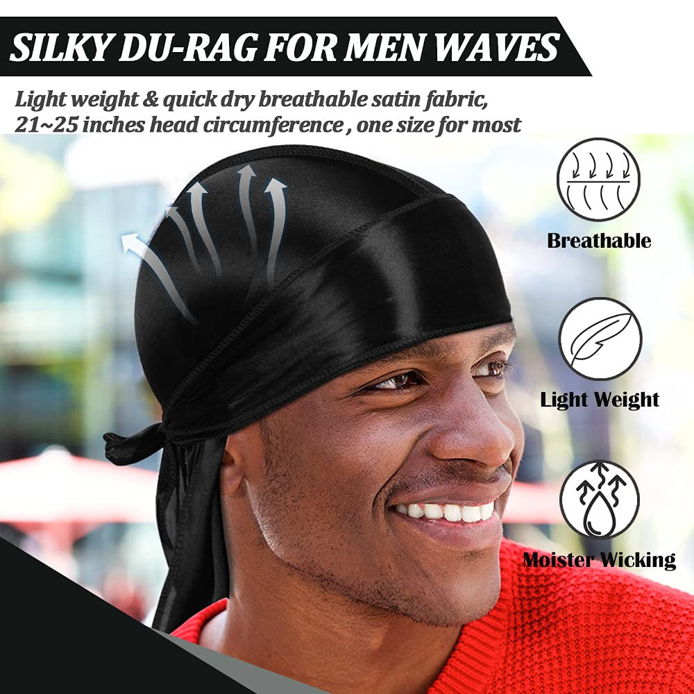Silky Durags with Long Tail & Satin Wave Cap Set for Men - 8 Pieces