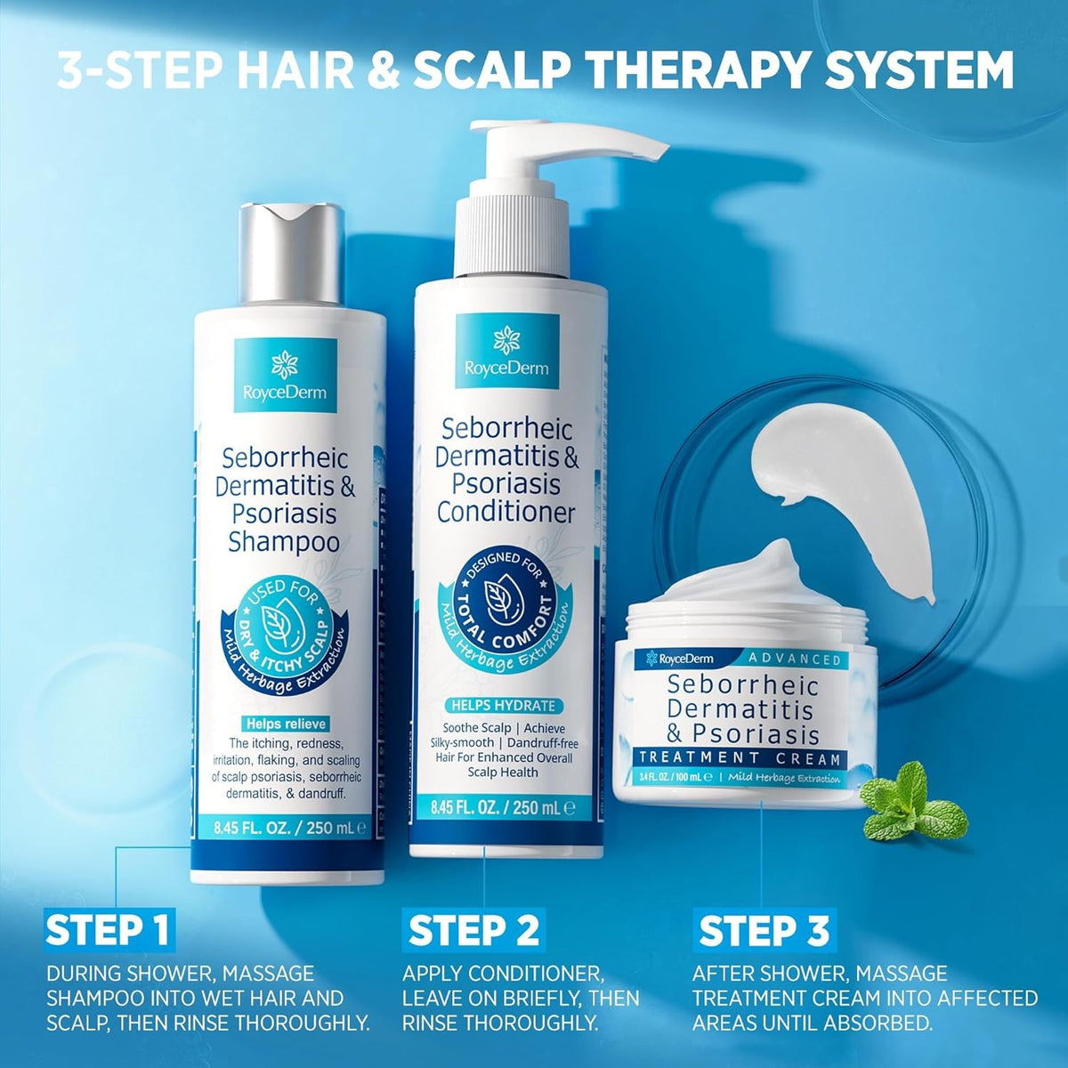 Seborrheic Dermatitis & Psoriasis Care Set - Shampoo, Conditioner & Cream for Scalp Relief