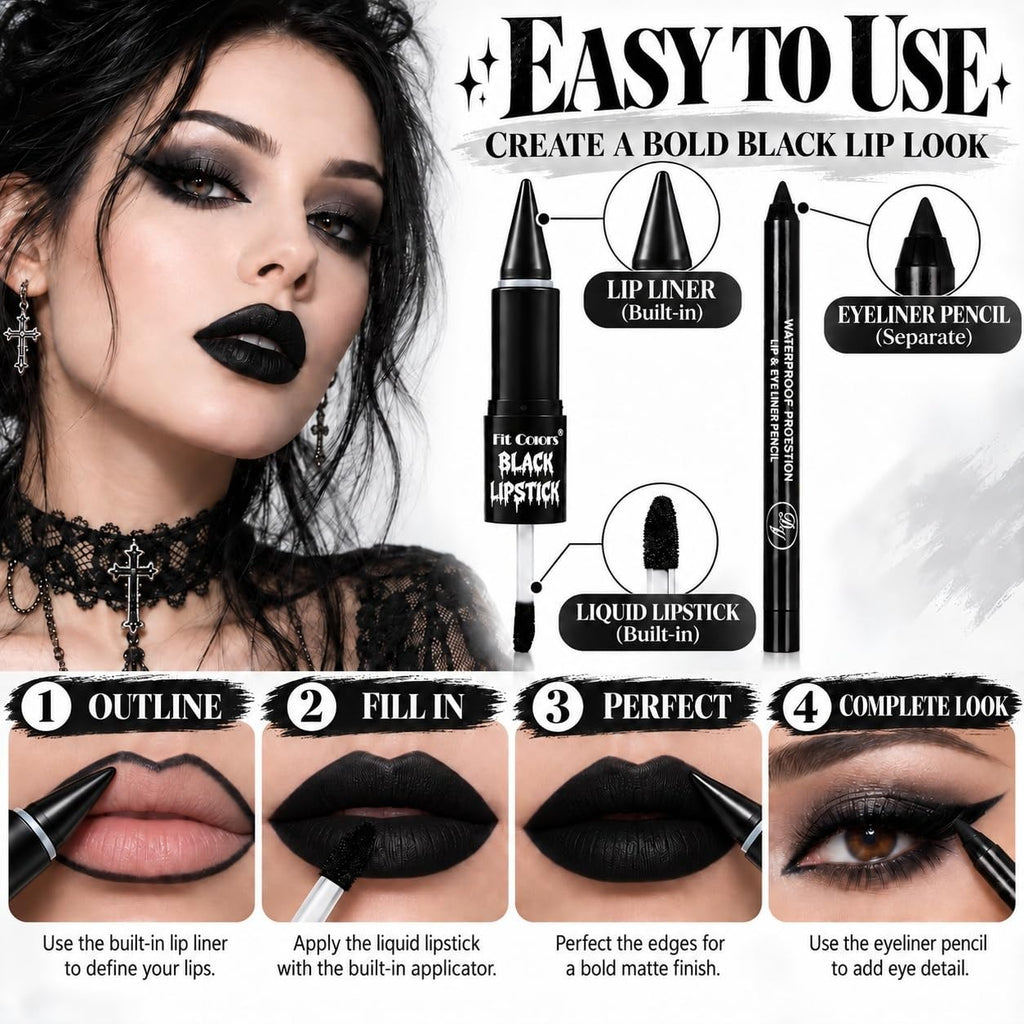 Black Liquid Lipstick & Lip Liner 2-in-1 Set - Waterproof Matte Finish
