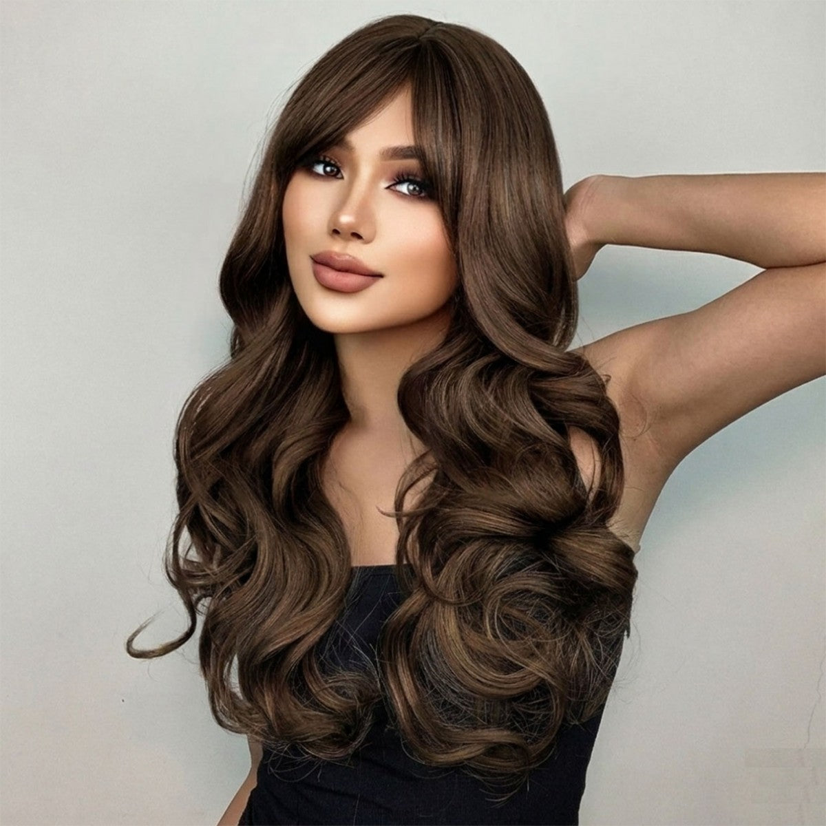 Women Dark Brown Long Wavy Synthetic Costume Wig with Bangs