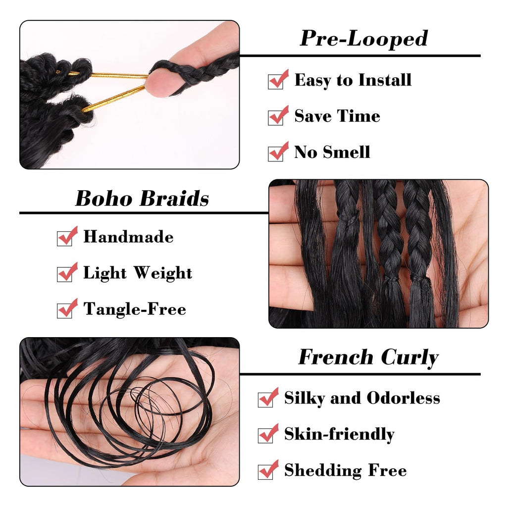 Boho French Curl Crochet Braids 12 Inch - 8 Pack Black Pre-Looped Curly Hair Extensions