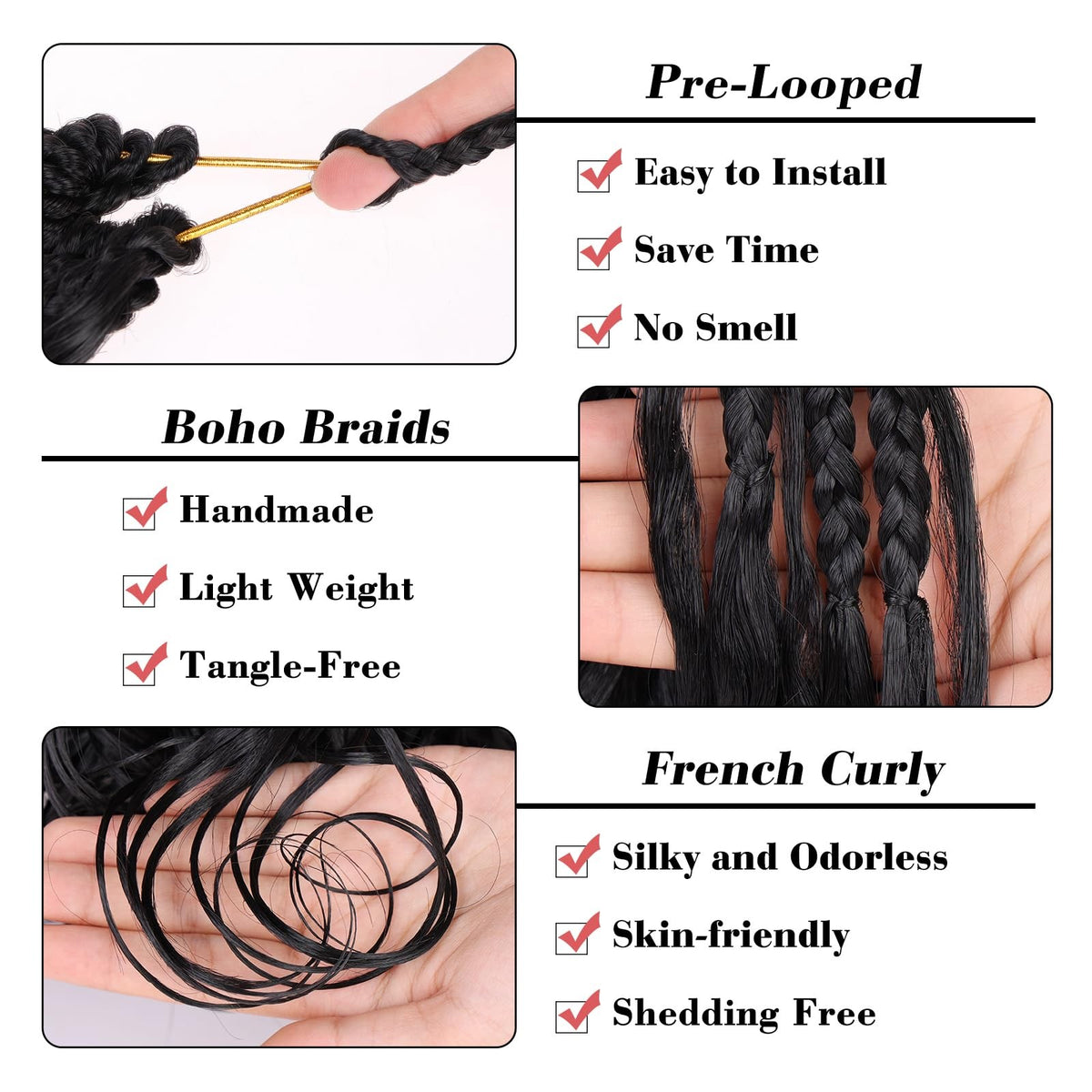 Boho French Curl Crochet Braids 12 Inch - 8 Pack Black Pre-Looped Curly Hair Extensions