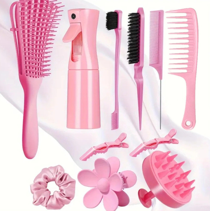Pink Hair Styling Brush Set with Spray Bottle & Clips - Curl & Edge Styling Kit