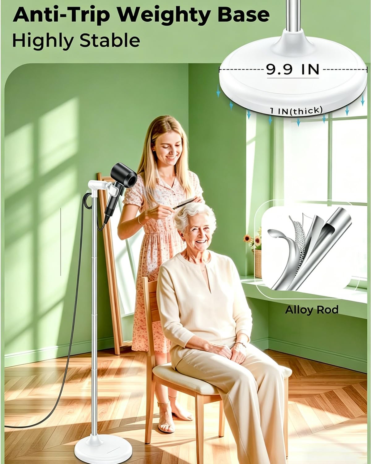 Adjustable Hands-Free Hair Dryer Stand 17-51 Inch Height with 360° Swivel & Hook