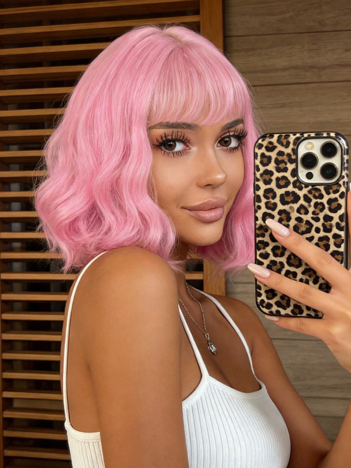 Pink Short Wavy Bob Wig with Flat Bangs - Synthetic Costume Hair for Women