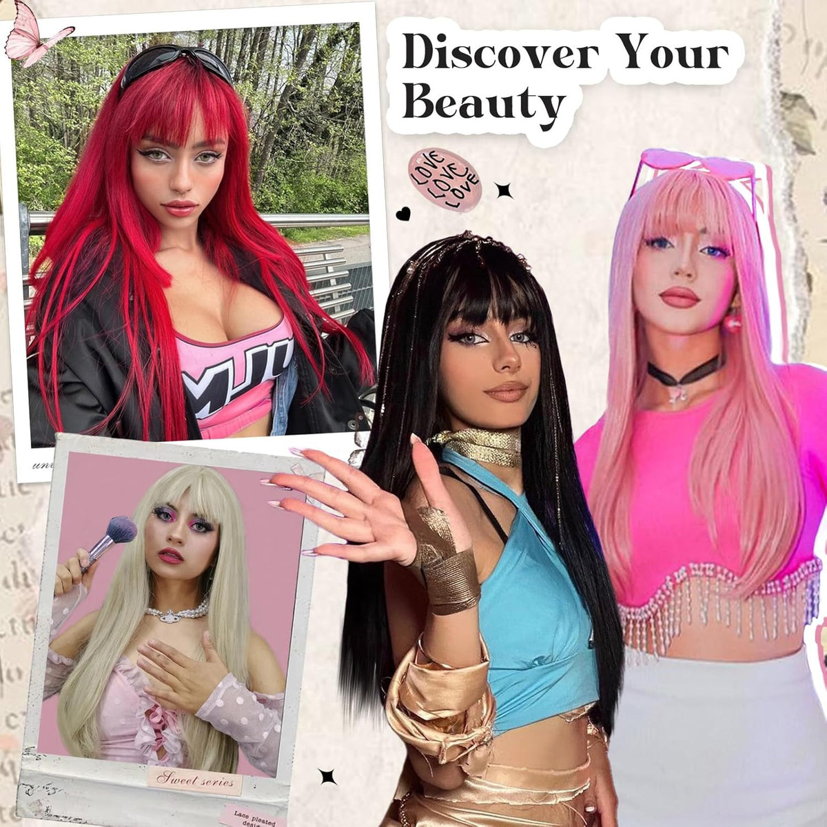 Pink Wig with Bangs - Long Straight 22 Inch Synthetic Hair for Women