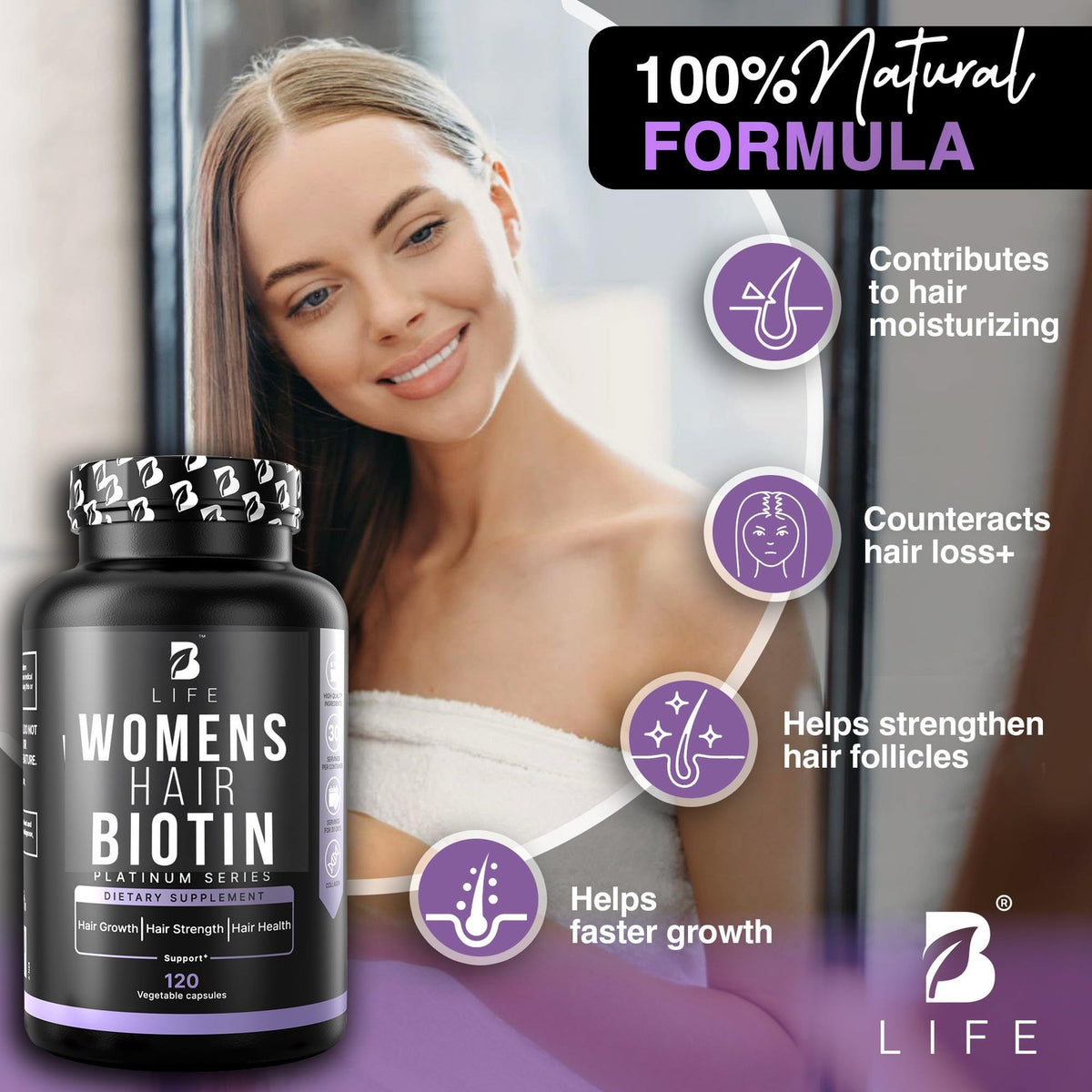 Women’s Hair Vitamins for Hair Loss - Biotin 10000 mcg - 120 Capsules