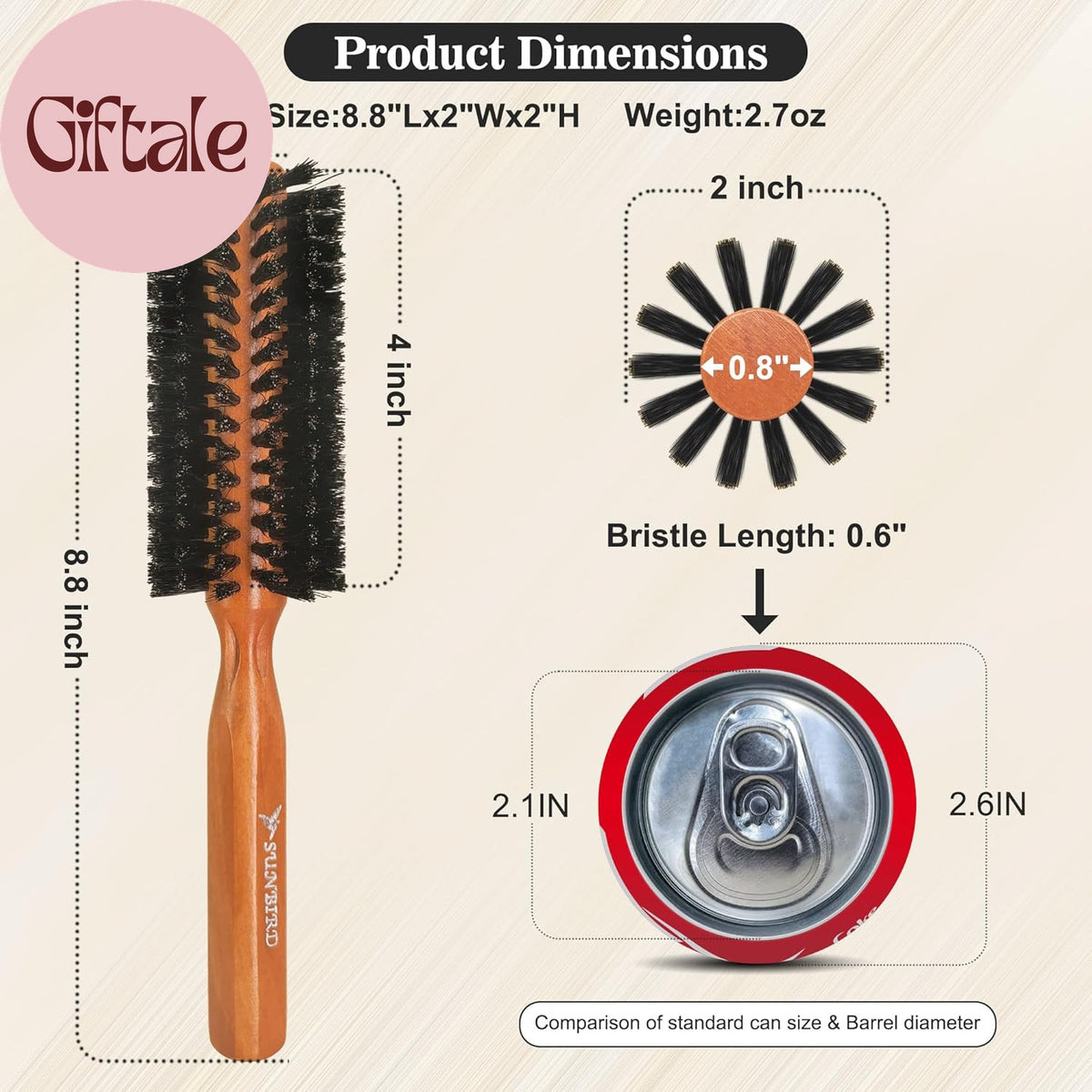 100% Boar Bristle Round Hair Brush with Natural Solid Wood Handle - Anti-Static Styling Tool
