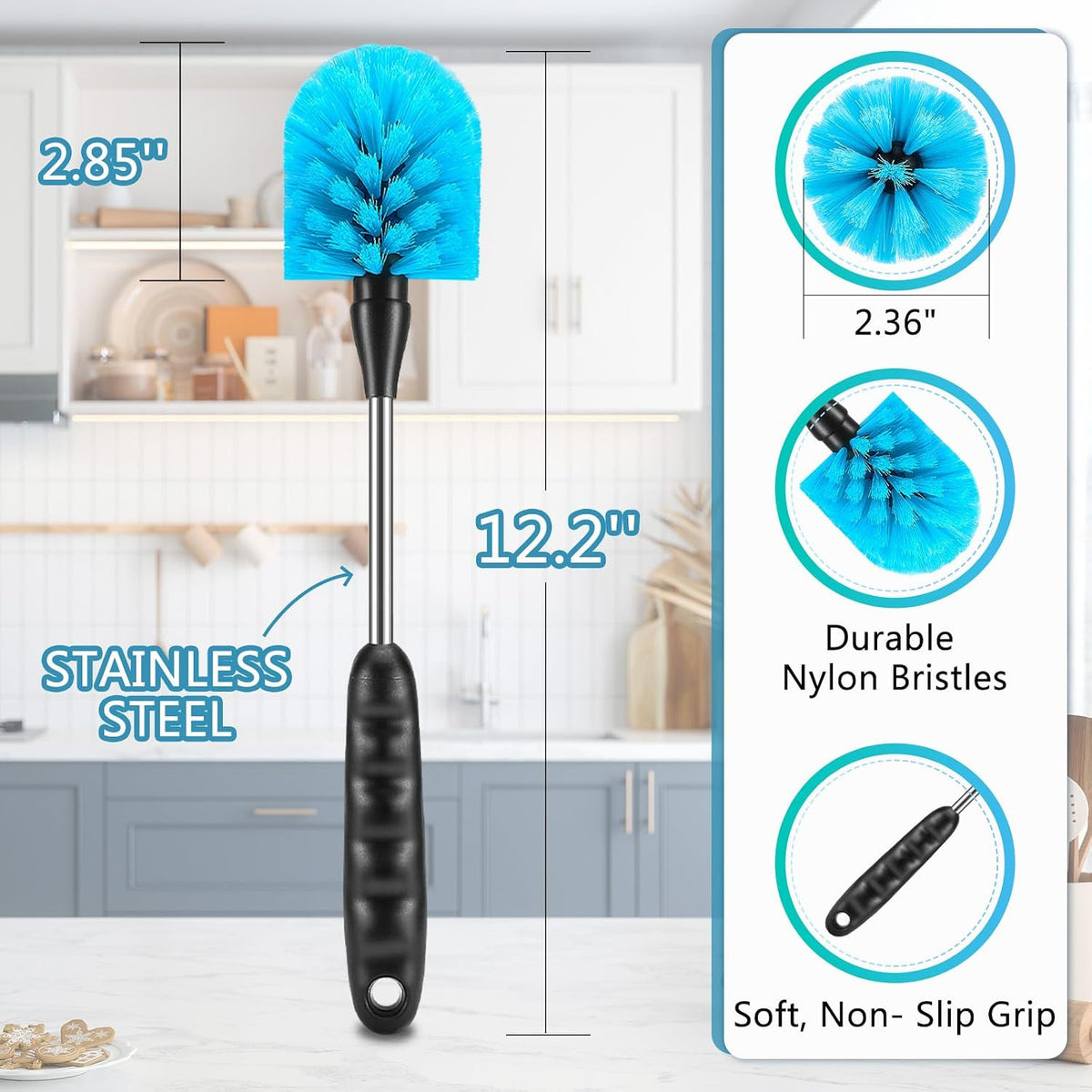 12.2 Inch Bottle Brush Set of 3 for Water Bottles and Cups - Washable Cleaning Kit