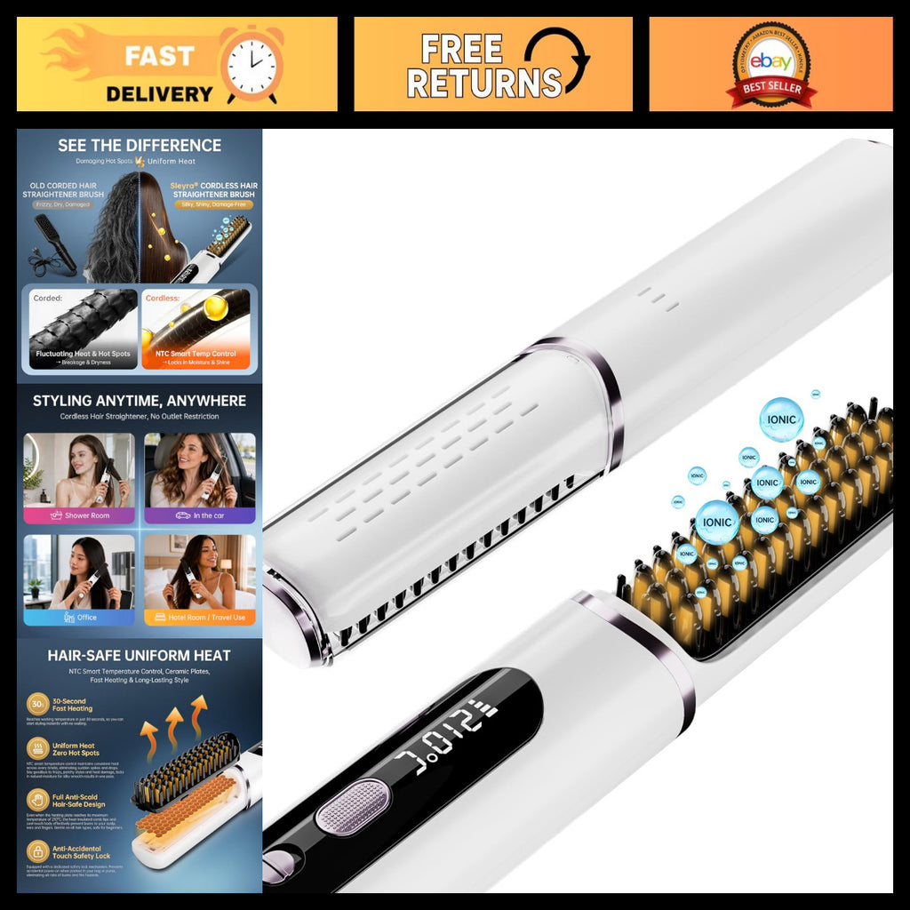 Cordless Ionic Hair Straightener Brush - Travel Flat Iron with Fast Heating