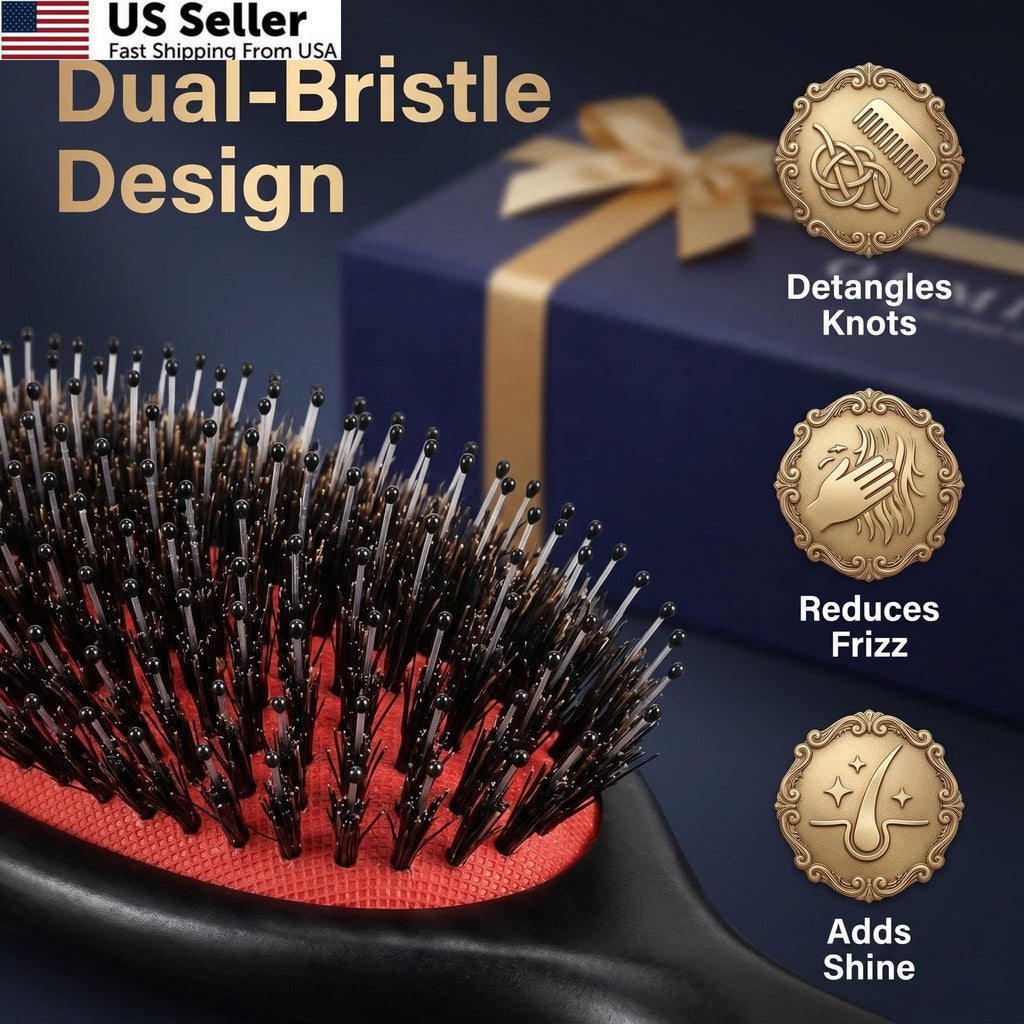 Boar Bristle Hair Brush for Detangling & Styling - Large Black & Red