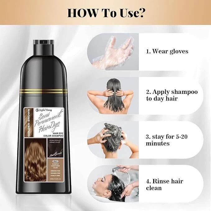 Golden Brown 3-in-1 Hair Dye Shampoo for Gray Coverage - Ammonia-Free, Fast Color